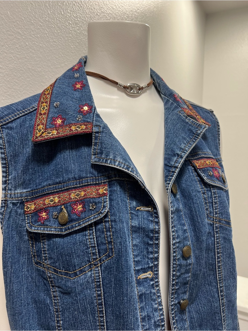 Alfred Dunner Embellished Floral Boho Y2K Denim Vest - Size 14